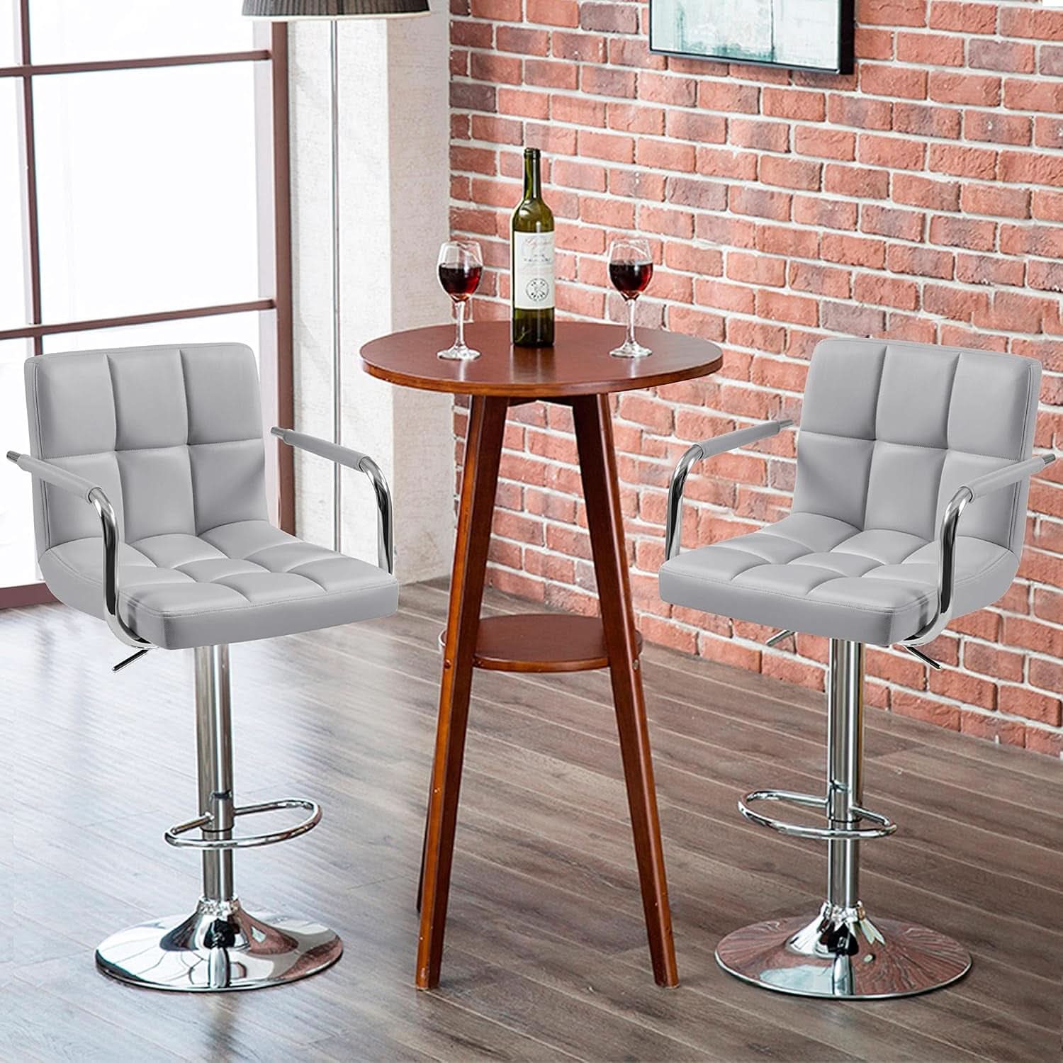 Light Grey Adjustable Swivel Bar Stools With Backrest, PU Leather, Set Of 2-3