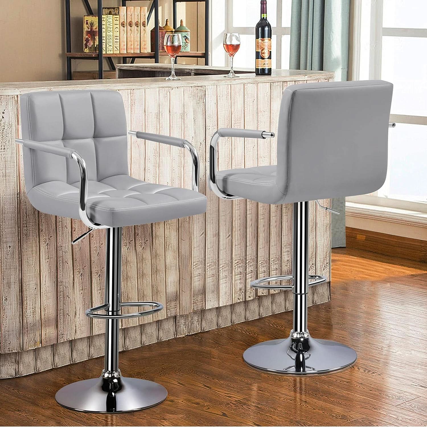 Light Grey Adjustable Swivel Bar Stools With Backrest, PU Leather, Set Of 2-1