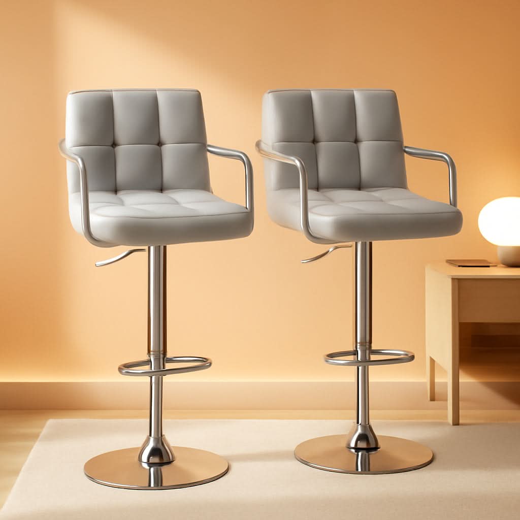 Light Grey Adjustable Swivel Bar Stools With Backrest, PU Leather, Set Of 2-0