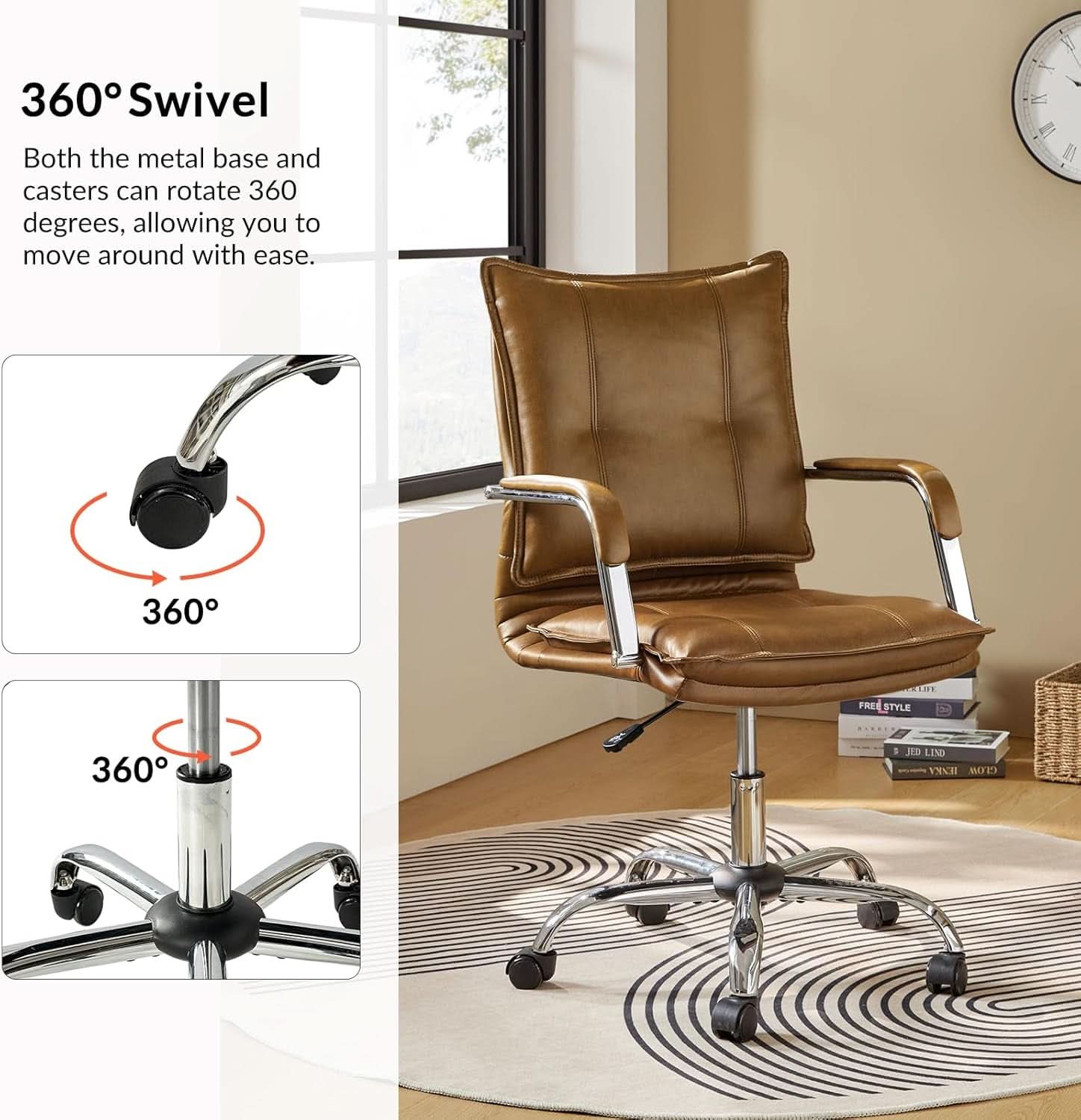 Faux Leather Adjustable Office Desk Chair Camel Armrests-2