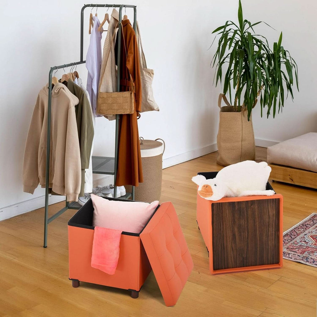 Orange Faux Leather Storage Ottoman With Wooden Tray-4