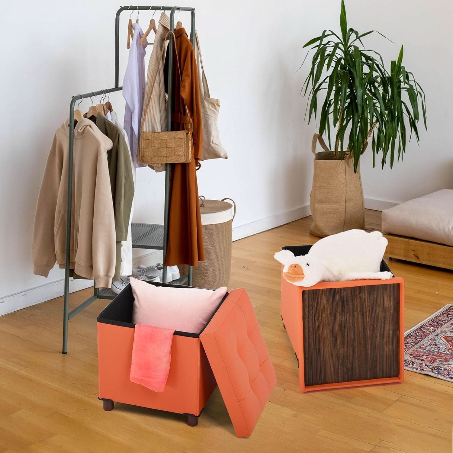 Orange Faux Leather Storage Ottoman With Wooden Tray-4