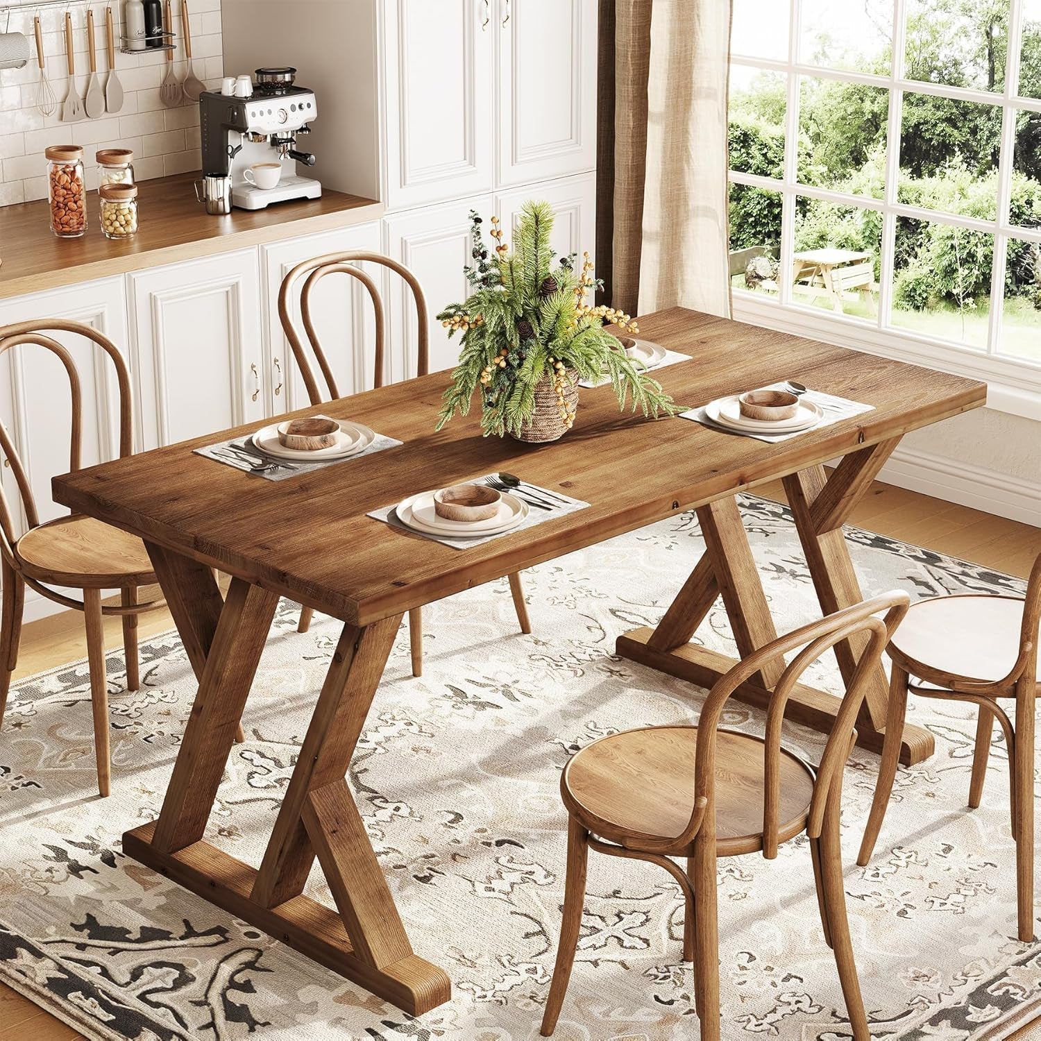 Solid Wood Rectangular Table 63 Inch RusticBrownFinish