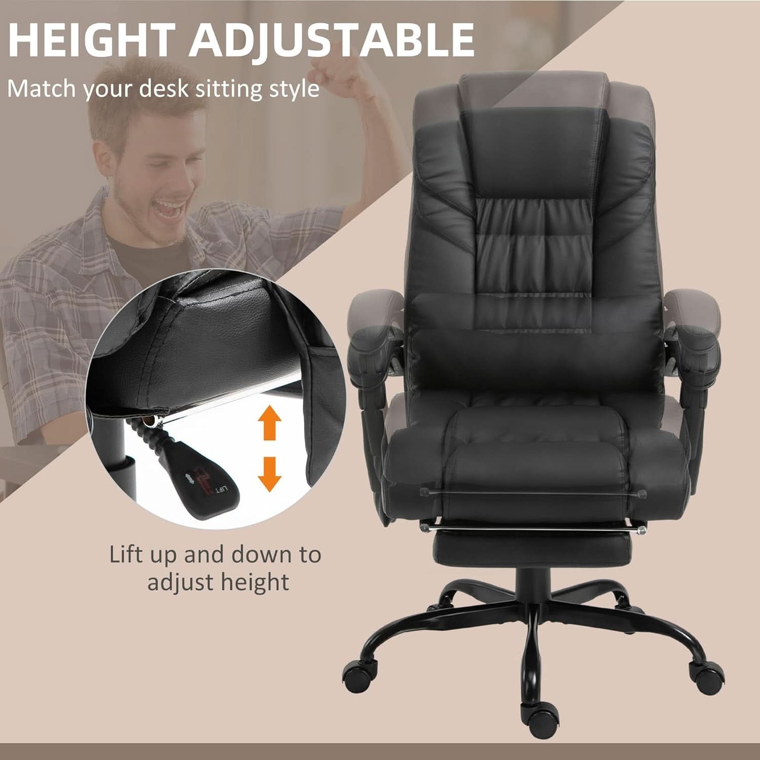 High Back Massage Office Chair With 6 Vibration Points And Footrest Black