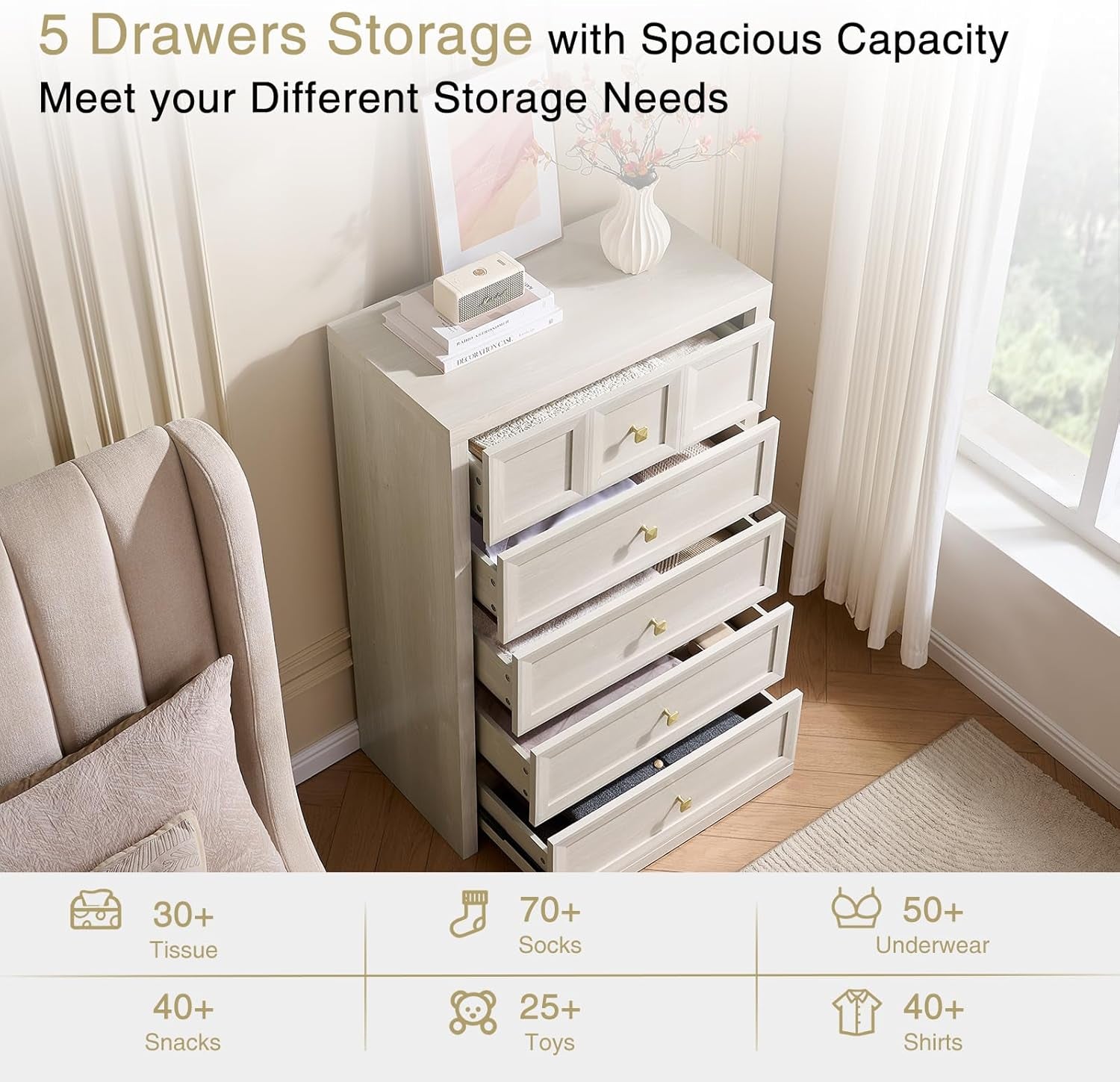 5 Drawer Dresser Grey White Modern Bedroom Storage-4