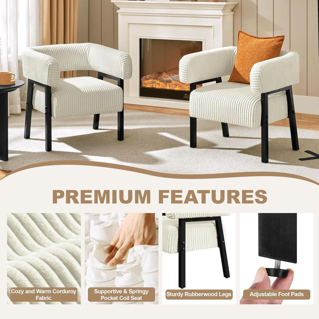 Beige Corduroy Barrel Chair Set Of 2 With Wood Legs-2