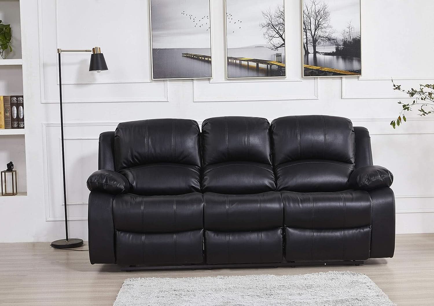 Bonded Leather Reclining Glider Sofa Set Black 3 Piece-1