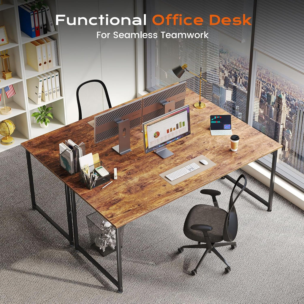 55Inch Computer Desk Deep Desktop Rustic Brown Metal Frame-2