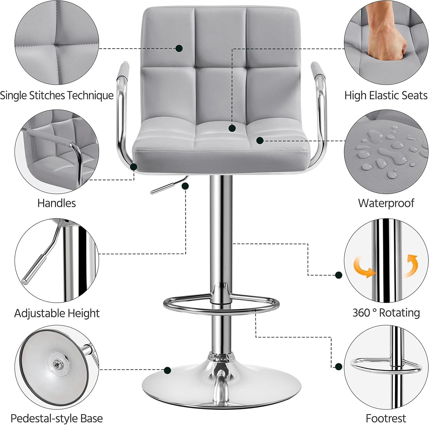 Light Grey Adjustable Swivel Bar Stools With Backrest, PU Leather, Set Of 2-4