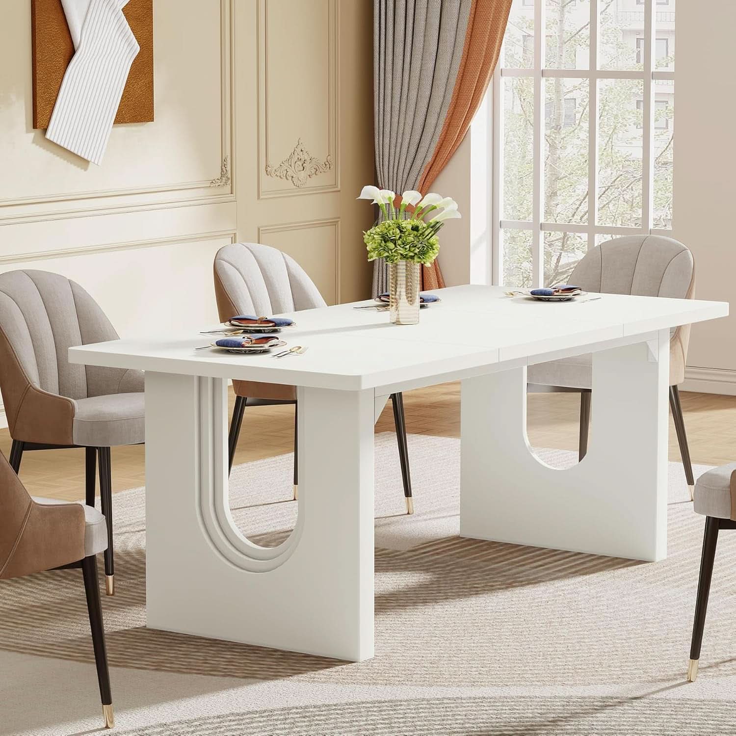 Modern White Dining Table 71 Inch With Wood Pedestal Base-4