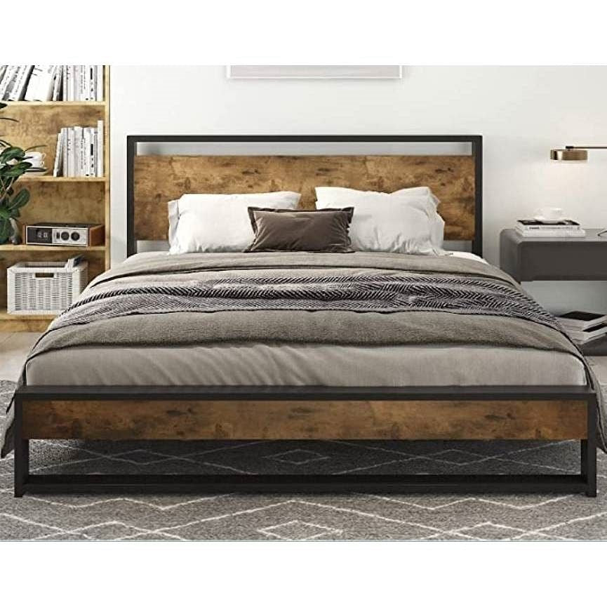 Full Modern Farmhouse Platform Bed Frame with Wood Panel Headboard Footboard-1