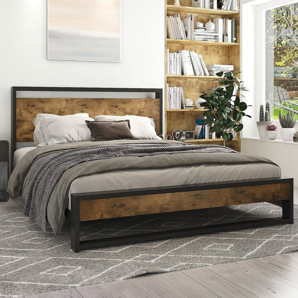 Full Modern Farmhouse Platform Bed Frame with Wood Panel Headboard Footboard-2
