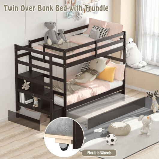 Twin Over Twin Bunk Bed with Storage Shelf and Drawer-Dark Brown-1
