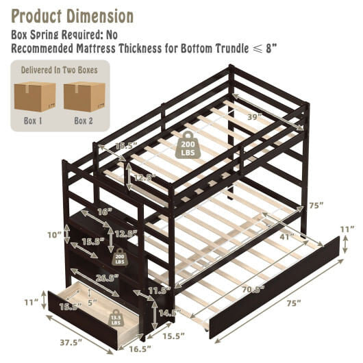 Twin Over Twin Bunk Bed with Storage Shelf and Drawer-Dark Brown-2