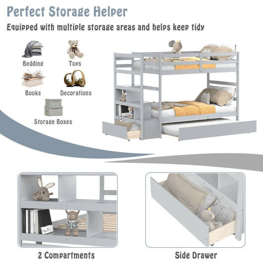 Twin Over Twin Bunk Bed with Storage Shelf and Drawer-Dark Brown-13