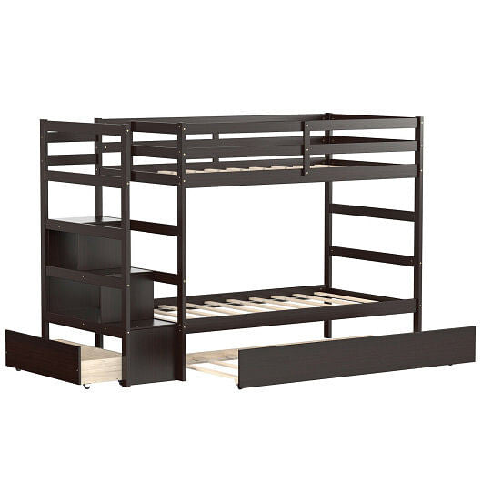 Twin Over Twin Bunk Bed with Storage Shelf and Drawer-Dark Brown-14