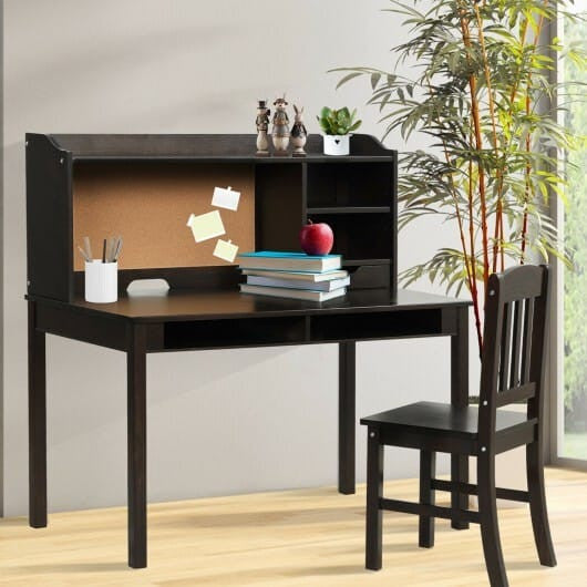 Kids Desk and Chair Set Study Writing Desk with Hutch and Bookshelves-White-0