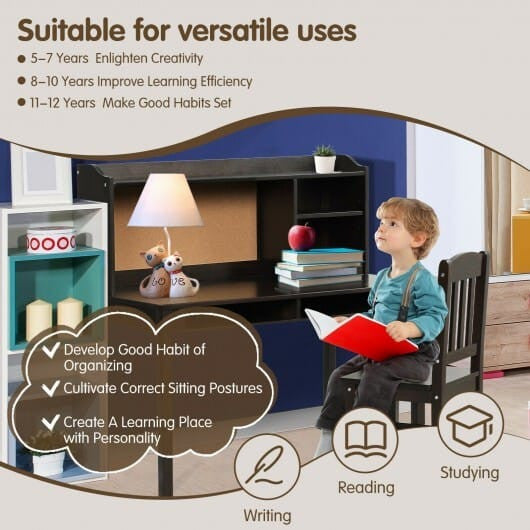 Kids Desk and Chair Set Study Writing Desk with Hutch and Bookshelves-White-1