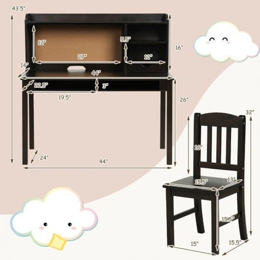 Kids Desk and Chair Set Study Writing Desk with Hutch and Bookshelves-White-2
