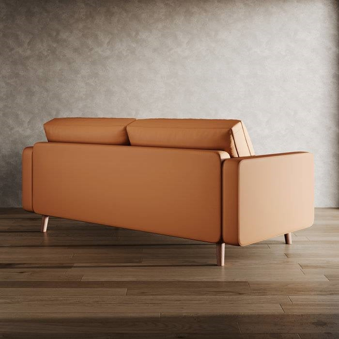 Terracotta Upholstered Faux Leather Sofa w/ Pillows Solid Hardwood Legs-2