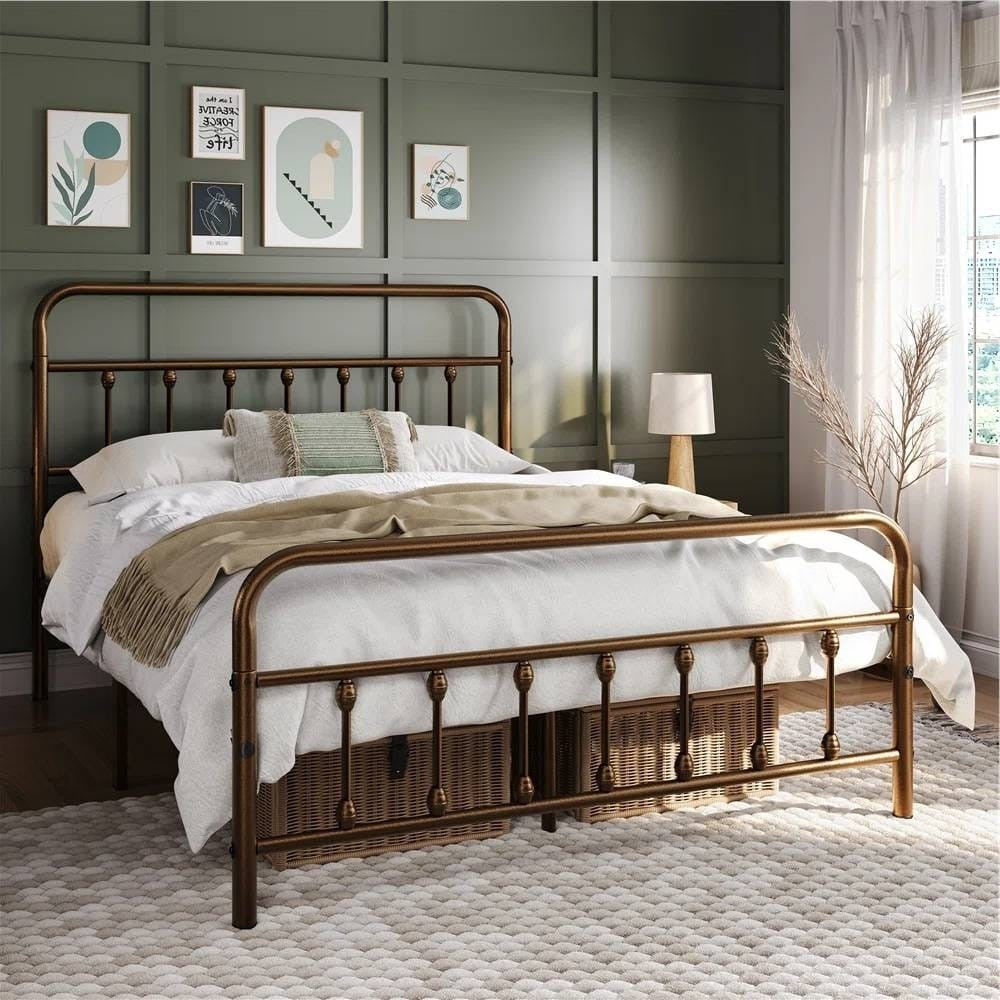 Queen size Vintage Bronze Metal Platform Bed Frame with Headboard and Footboard-0