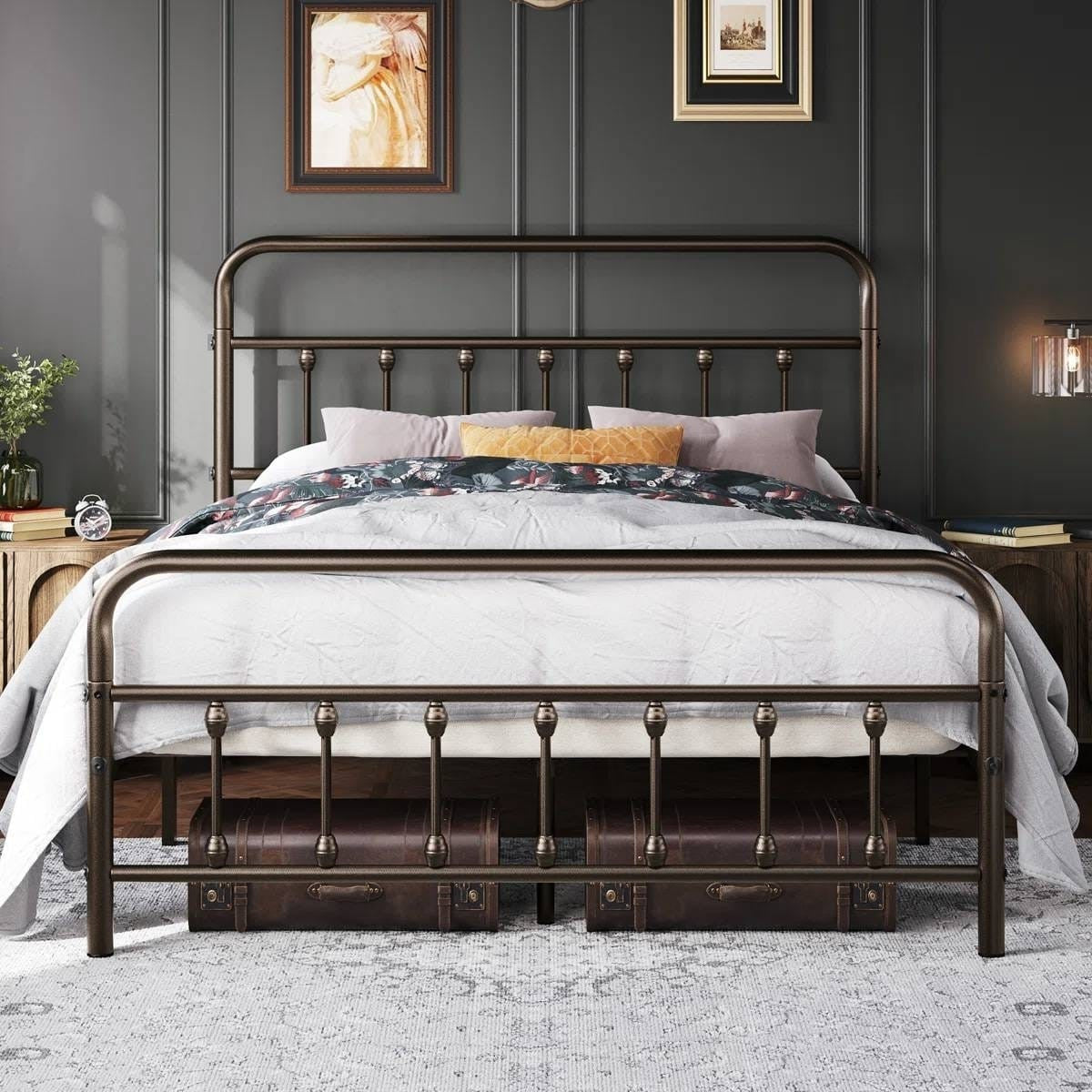 Queen size Vintage Bronze Metal Platform Bed Frame with Headboard and Footboard-1