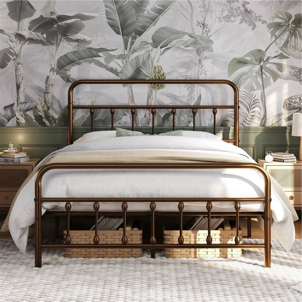 Queen size Vintage Bronze Metal Platform Bed Frame with Headboard and Footboard-2