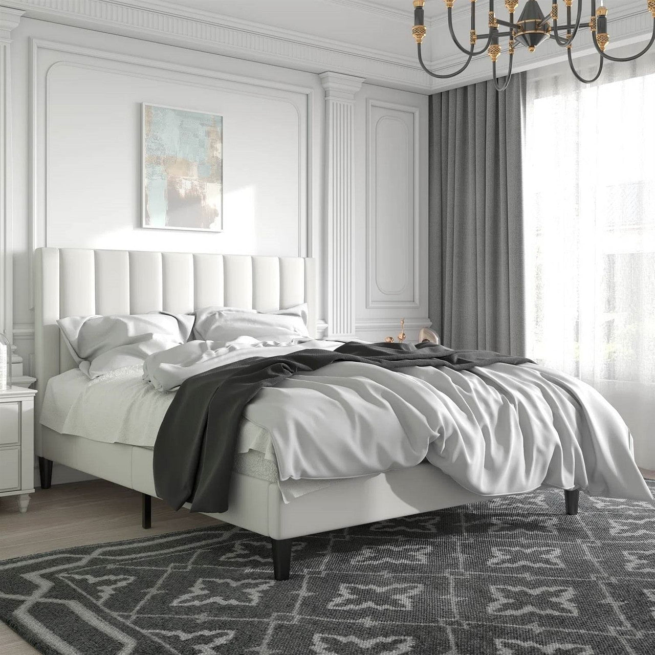 Queen size White Velvet Upholstered Platform Bed Frame with Headboard-0