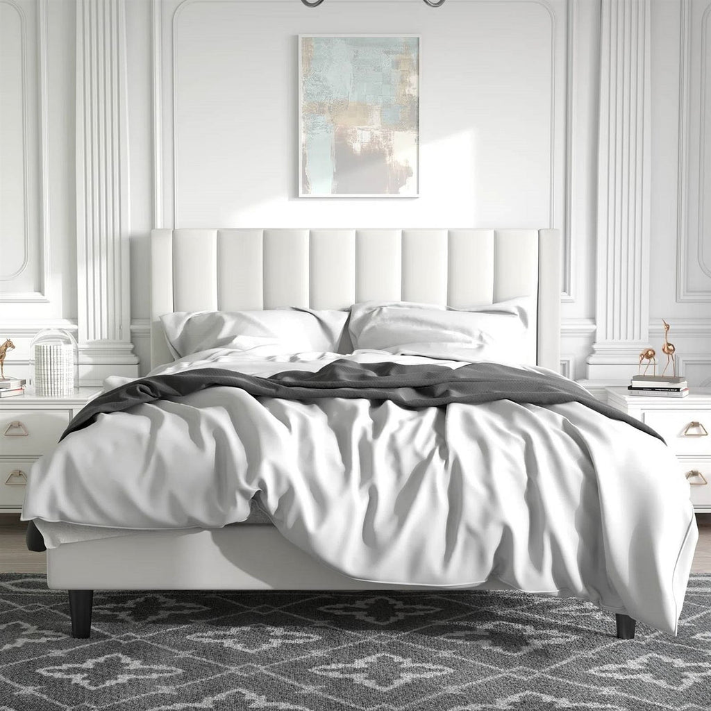 Queen size White Velvet Upholstered Platform Bed Frame with Headboard-2