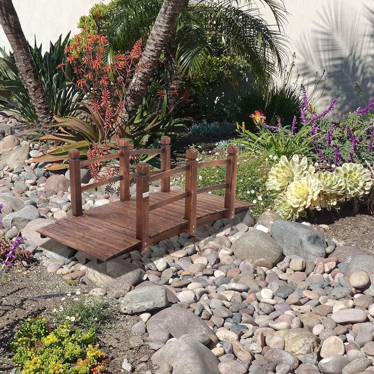 Outdoor 5-foot Solid Fir Wood Garden Bridge in Rustic Brown Finish-1