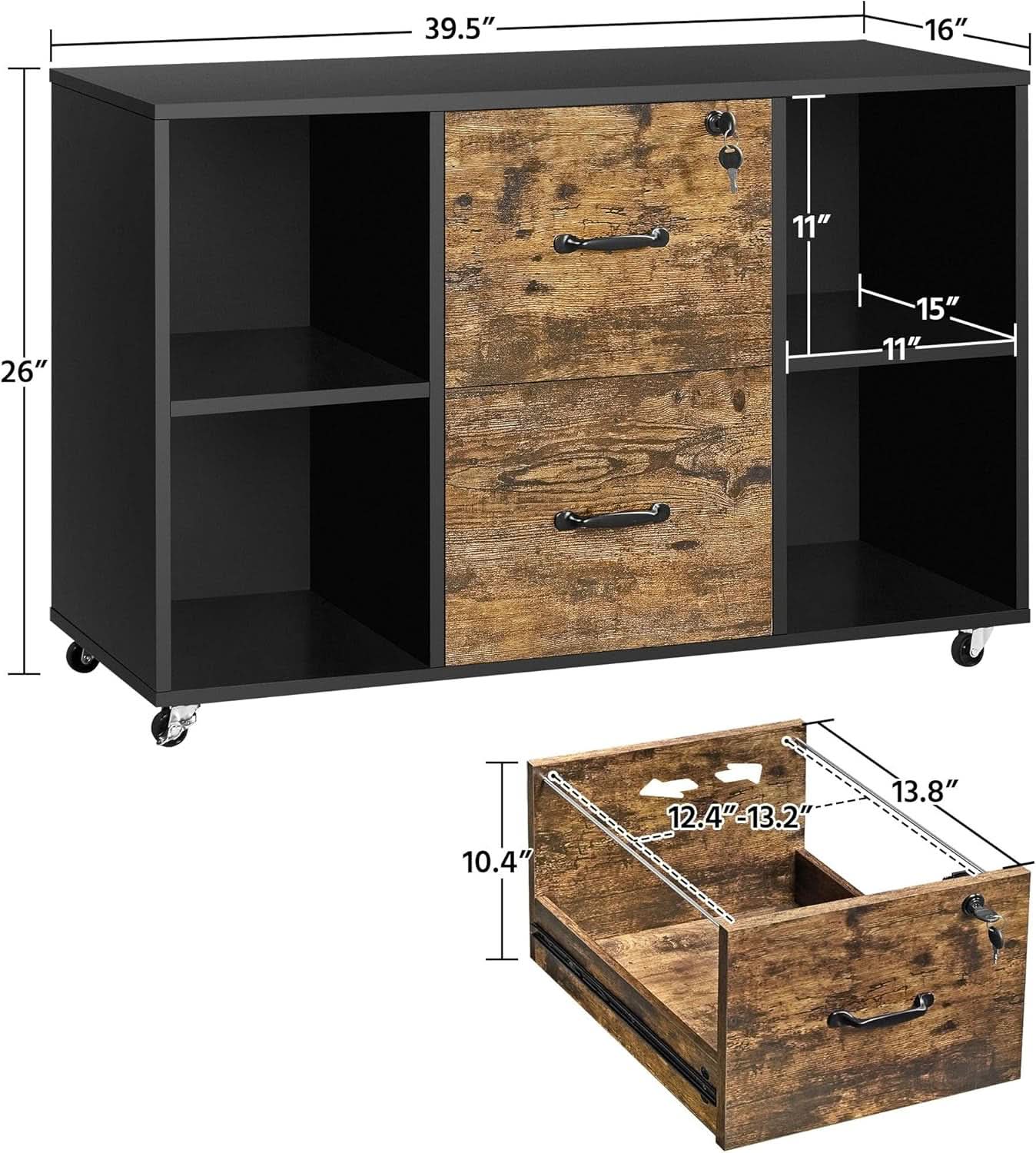Lateral Filing Cabinet 2 Drawers 4 Open Compartments Black-2