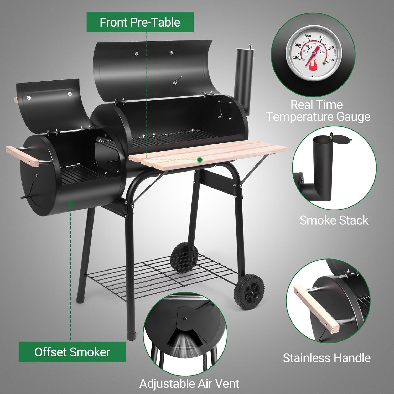 Charcoal Grill Offset Smoker 24x12 Stainless Wheels-1