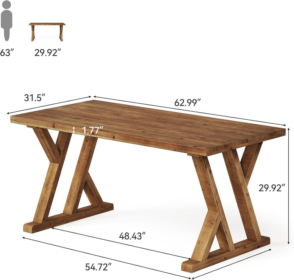 Solid Wood Rectangular Table 63 Inch RusticBrownFinish