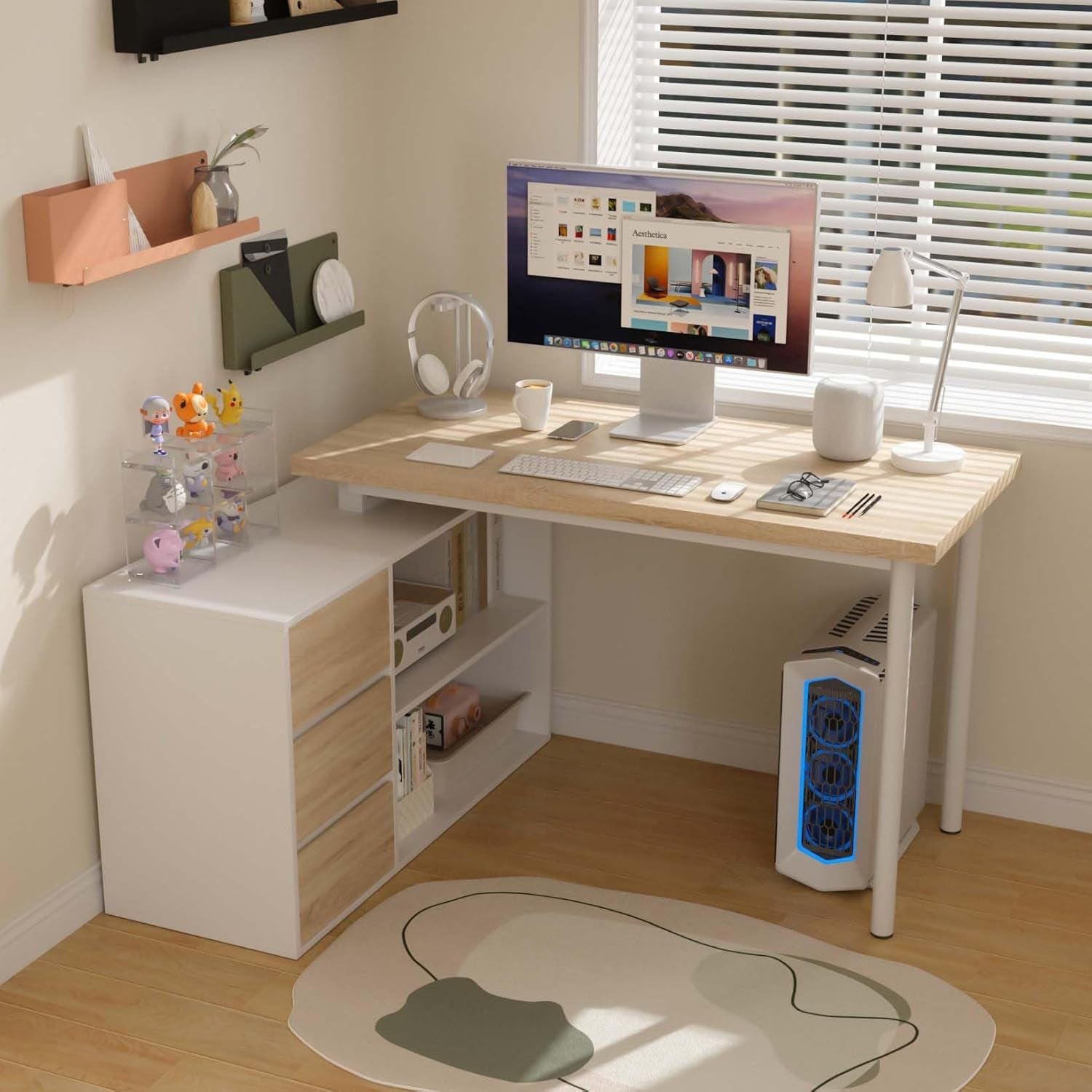 L Shaped Desk 47Inch White Walnut Home Office Storage-0