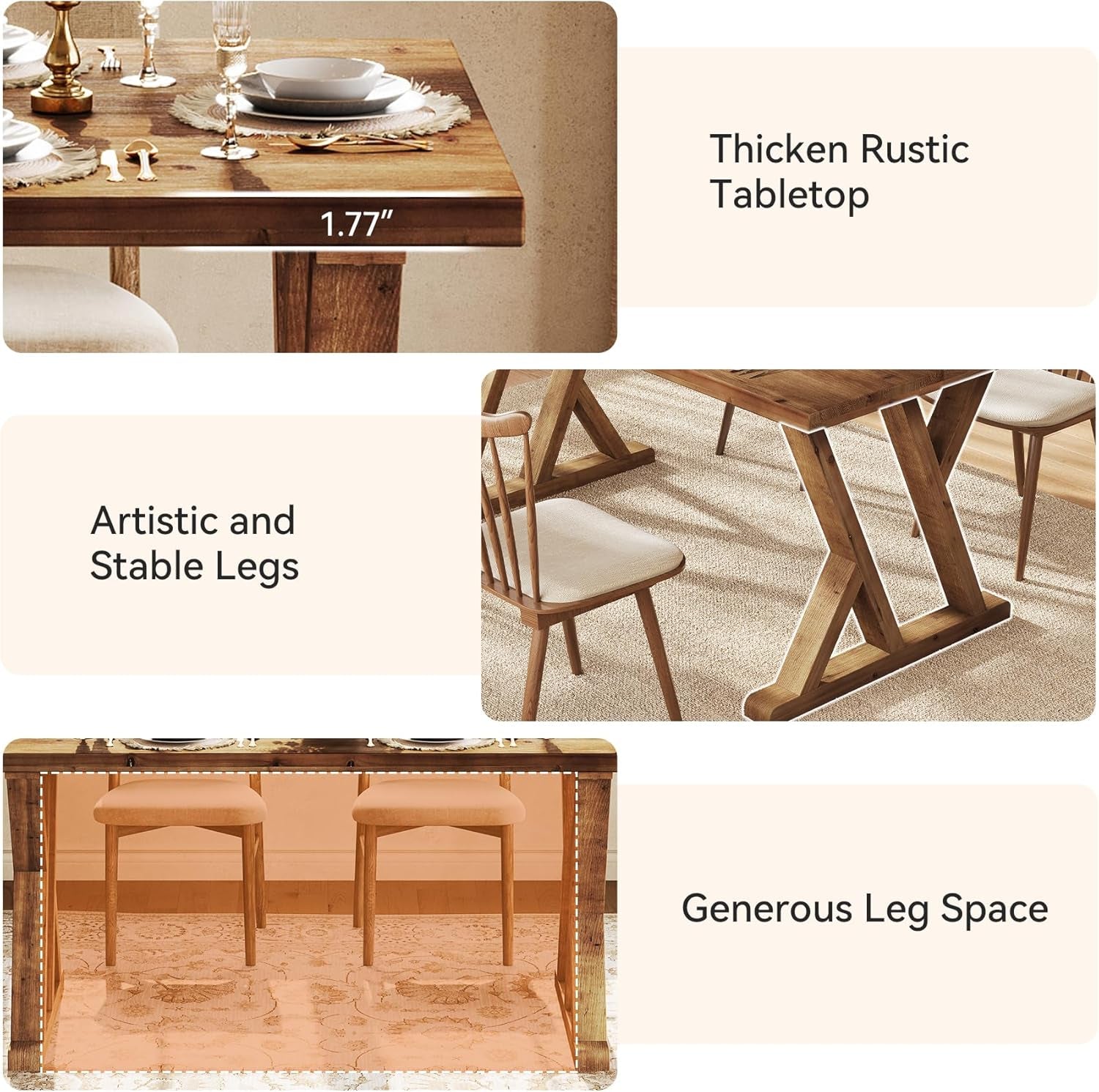 Solid Wood Rectangular Table 63 Inch RusticBrownFinish