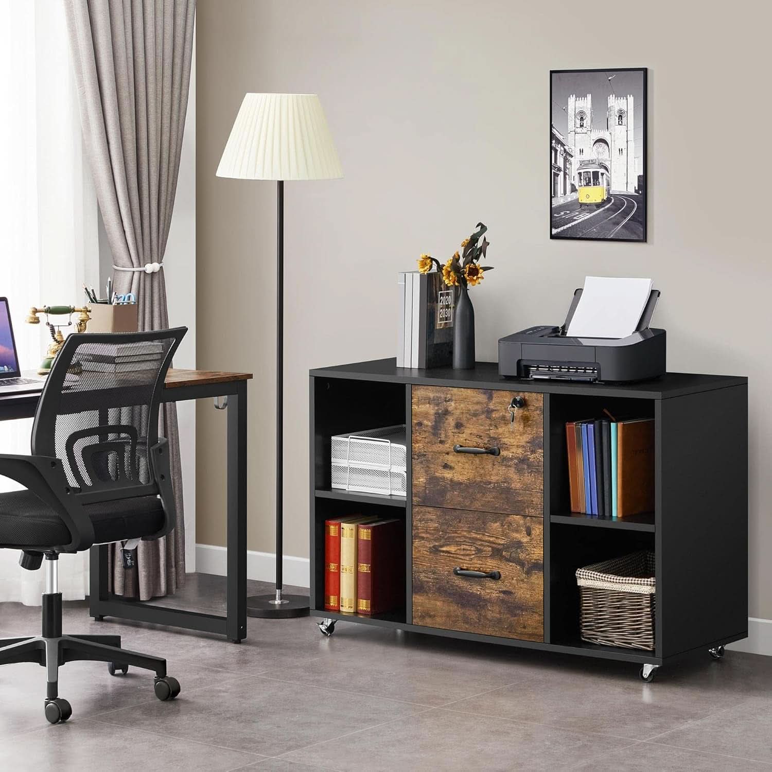 Lateral Filing Cabinet 2 Drawers 4 Open Compartments Black-1