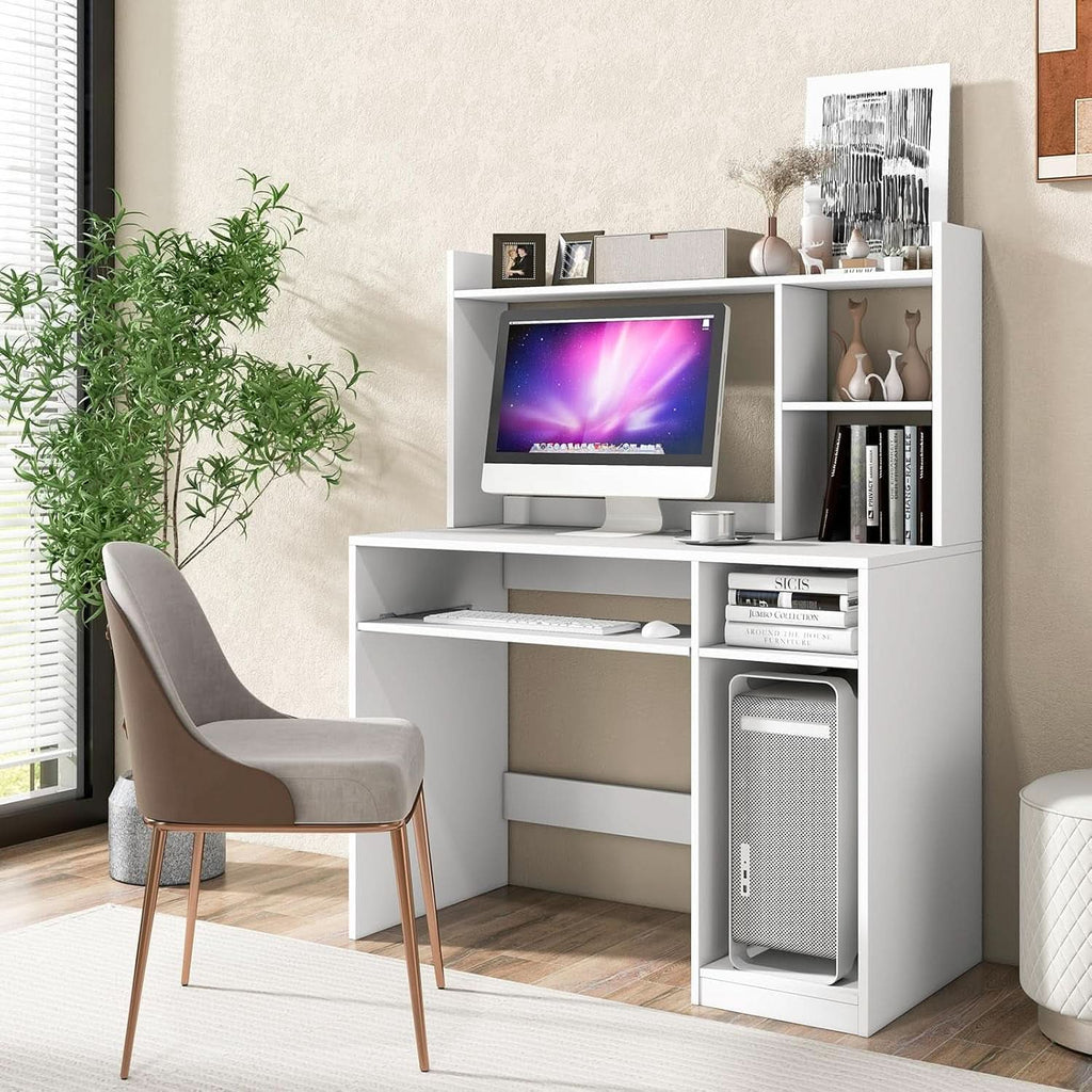 White Desk With Hutch And Charging Station For Home Office-3